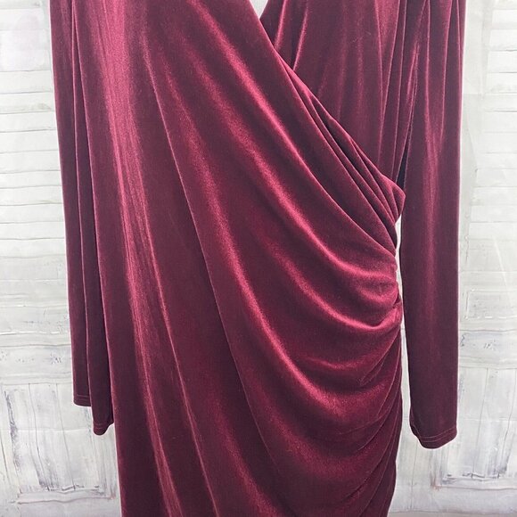 Alex Marie Plus Long Sleeve Mahogany Red Velvet Ruched Faux Wrap Dress Formal - Picture 5 of 11